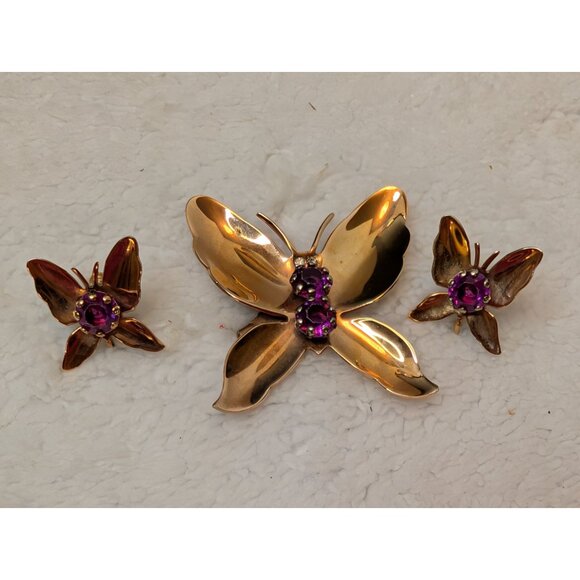 Vintage Gold-Tone Butterfly Brooch & Screwback Earrings W/ Pronged Rhinestones - Picture 2 of 5
